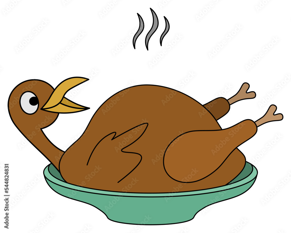 Fried turkey. Carcass of a bird with a head. Screaming duck 