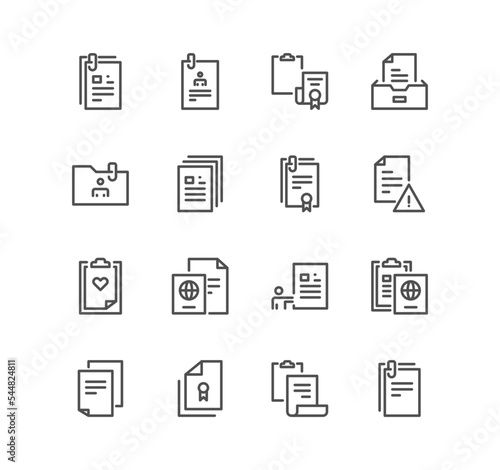 Set of documents and paper icons, contract, passport, pages and linear variety vectors.