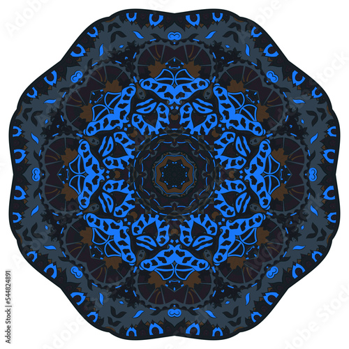 Mandala. Tracery wheel image. Mehndi design. Dark toxic colors. Ethnic doodle art. Curved doodling picture. Vector