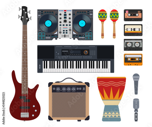 Set of vector flat musical instruments. Vector music instruments icons. Bass guitar, amplifier, synthesizer, DJ remote, maracas, microphones, djembe drum, cassettes. Colorful isolated objects.