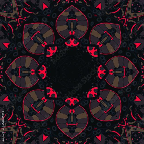 Seamless tile texture. Tracery mehndi design image. Dark toxic colors. Ethnic doodle art. Curved doodling picture. Vector