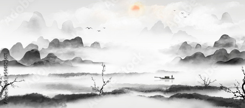 Obraz na plátne Hand-painted Chinese landscape painting background illustration
