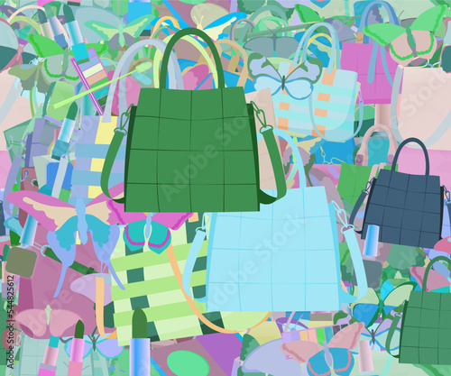 Background pattern abstract seamless design texture. Theme is about Tote, decoration, design, tones, repeat, fly, satchel, beautiful, graphic, cosmetology, glamour, drawing, maquillage, salon