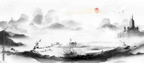 Fotografia, Obraz Hand-painted Chinese landscape painting background illustration