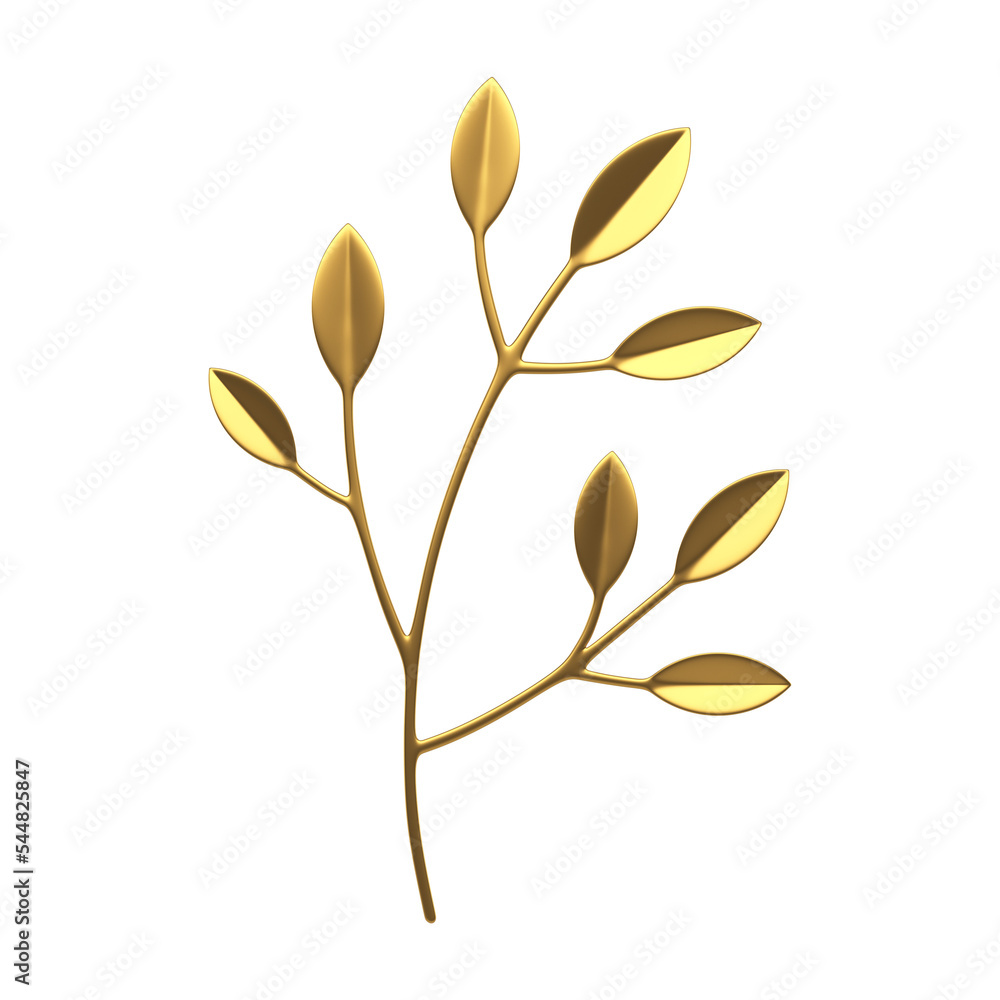 Branch botanical foliage tree twig golden 3d icon realistic illustration Branch botanical foliage tree twig golden 3d icon realistic illustration