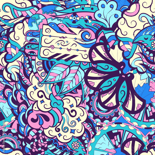 Tracery seamless pattern. Mehndi design. 6 colors. Ethnic doodle texture. Curved doodling background. Vector