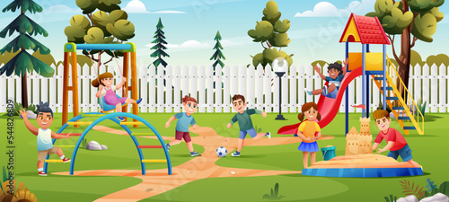 Kids playing together on playground with slide, swing, ball and sandbox cartoon illustration