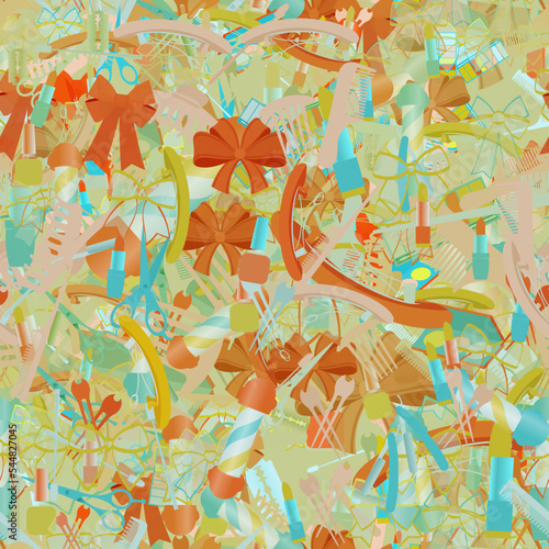 Background pattern abstract seamless design texture. Theme is about hairpin, comb, slip, adornment, straight razor, beauty, claw, raker, dressing, maquillage, brush, tones, pomatum, ribbons