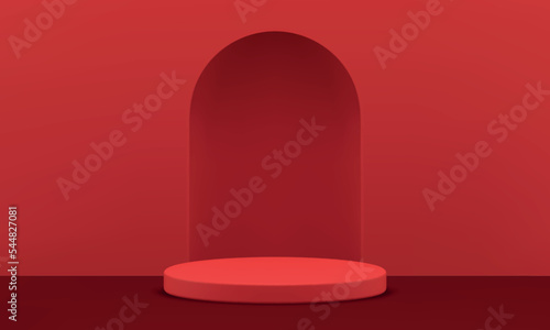 Red 3d pedestal archway hole wall cylinder platform stand minimalist studio background vector