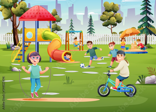 Cheerful children playing on playground with ball, swing, bicycle and sandbox cartoon illustration