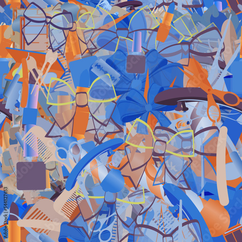 Background pattern abstract seamless design texture. Theme is about parlor, hair clips, raker, dressing, hairdressing, straight razor, embellishment, makeup, barrette, tones, hair care, pomade