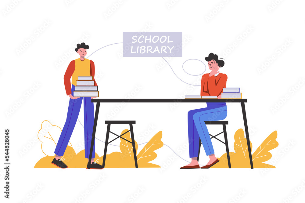 Pupil holds stack of textbooks in school library. Students do their homework and read books at desk, people scene isolated. Education, information concept. Illustration in flat minimal design