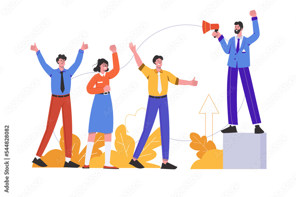 Motivational speaker with megaphone speaks inspiring speech to people. Leader at meeting, scene isolated. Motivation and achievement of career goals concept. Illustration in flat minimal design