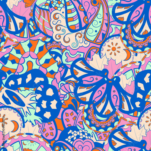 Tracery seamless pattern. Mehndi design. 6 colors. Ethnic doodle texture. Curved doodling background. Vector