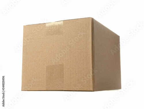 One closed cardboard box on white background