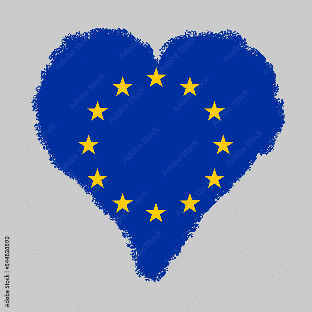 Europe colorful flag in heart shape with brush stroke style isolated on grey background Europe colorful flag in heart shape with brush stroke style isolated on grey background