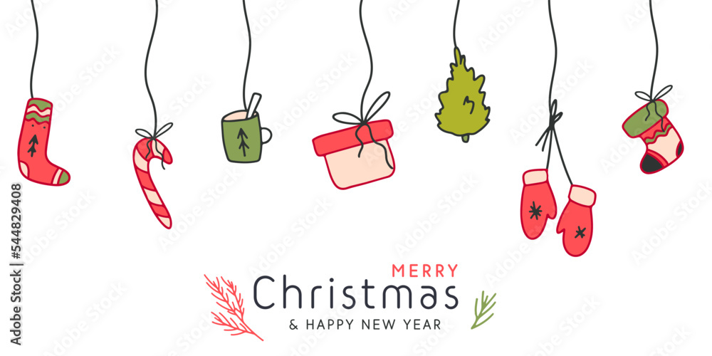 Merry Christmas hanging ornaments with gift box, socks, winter pine tree,  lollipop, gloves holiday banner design Stock Vector | Adobe Stock