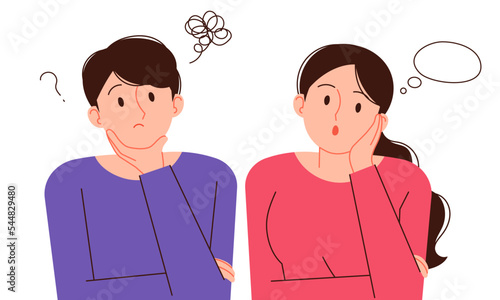 Men and women contemplating which choice to make. Curious person concept vector illustration.