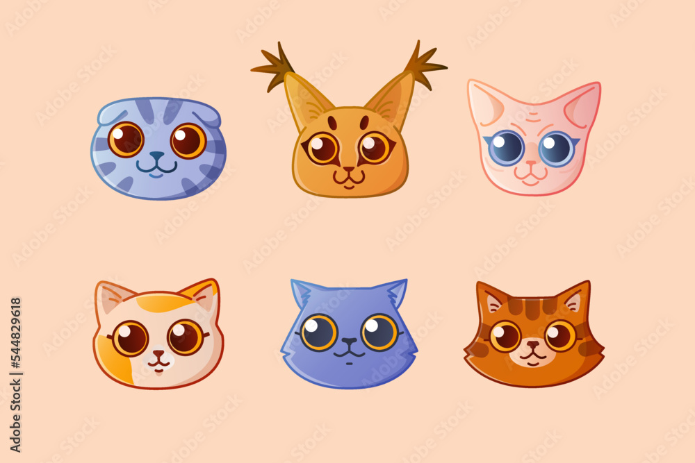 Cute cartoon cat faces. Different breeds of cats. Cute cartoon cat faces. Different breeds of cats.
