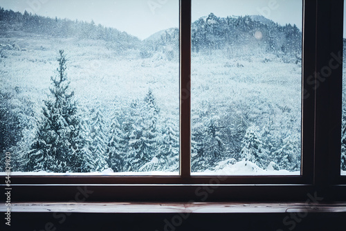 frozen snowy winter scene through window photo