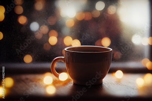 hot drink in window and Christmas lights