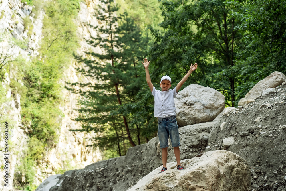Contented teenager stands on rock with his hands raised and enjoys ambience of shady forest in deep gorge in mountains Contented teenager stands on rock with his hands raised and enjoys ambience of shady forest in deep gorge in mountains
