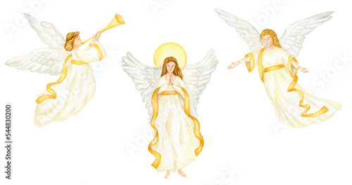 Fotobehang Christmas angels set watercolor illustration, Christian Nativity angel with wing