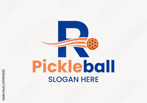 Letter R Pickleball Logo Concept With Moving Pickleball Symbol. Pickle Ball Logotype Vector Template