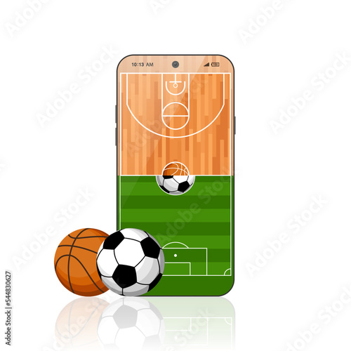 Online sports betting mobile app banner design template soccer basketball balls and trophy award cup and winner dollar coins. Bookmaker promo advertising