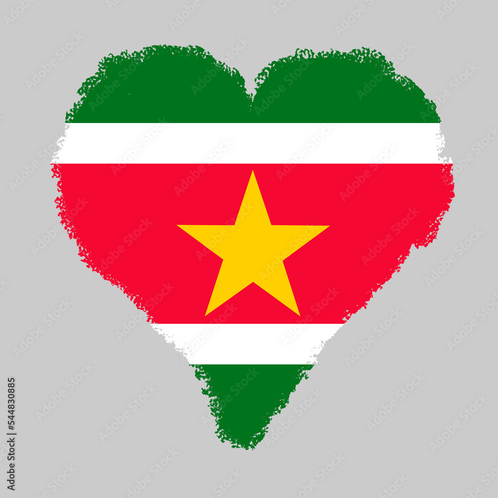 Suriname colorful flag in heart shape with brush stroke style isolated on grey background Suriname colorful flag in heart shape with brush stroke style isolated on grey background
