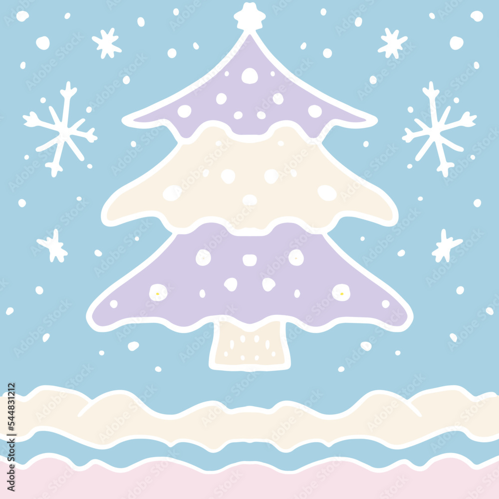 christmas tree with snow vector doodle background