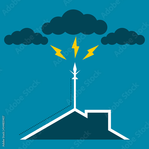 Lightning rod on top roof of building house with thunder cloud rainstorm on blue background flat vector black icon design.
