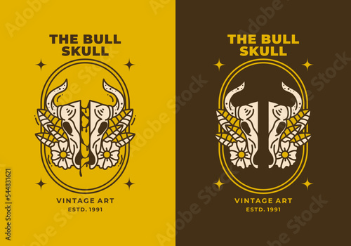 Vintage art illustration of a bull skull and flowers round it