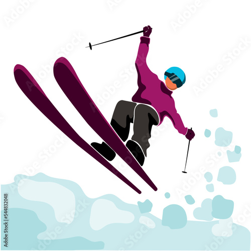 Jumping skier isolated on white background. Skier rides,freeride, ski jumping, freestyle.Winter sport.Skiing in winter Alps.vector illustration in modern flat style