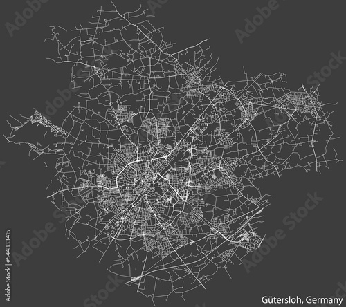 Detailed negative navigation white lines urban street roads map of the German regional capital city of GÜTERSLOH, GERMANY on dark gray background