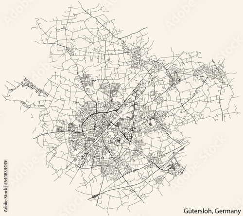 Detailed navigation black lines urban street roads map of the German regional capital city of GÜTERSLOH, GERMANY on vintage beige background