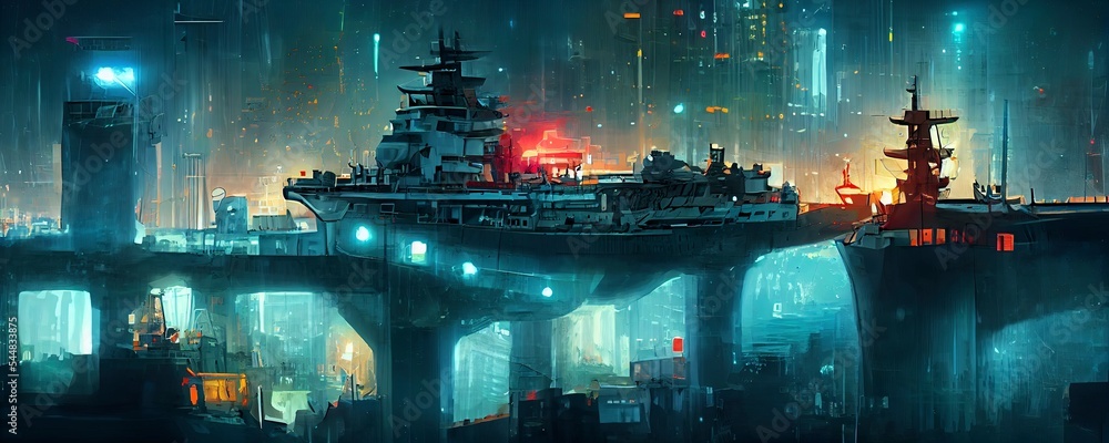 Cyberpunk neon city night. Futuristic city scene panorama. Sci fi wallpaper. Retro future 3D illustration. Urban scene. Great as background or for your art projects.
