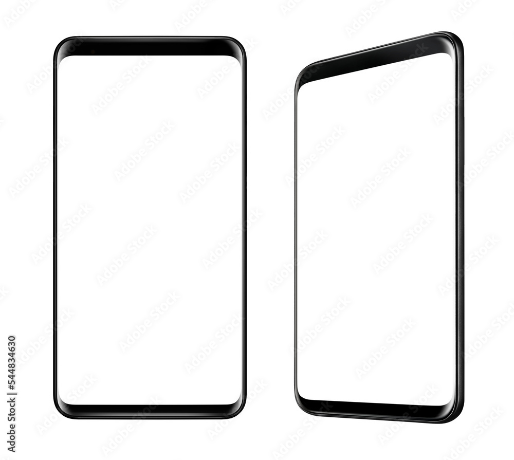 Front and side view of black smartphone with blank screen and modern frame less design isolated on white Front and side view of black smartphone with blank screen and modern frame less design isolated on white