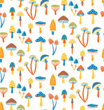 Magic mushrooms toadstools flat trendy seamless vector pattern. Vector illustration