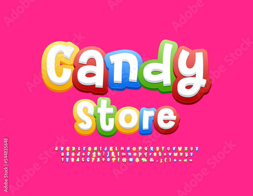 Vector colorful sign Candy Store. Artistic Alphabet Letters, Numbers and Symbols. Bright Funny Font.