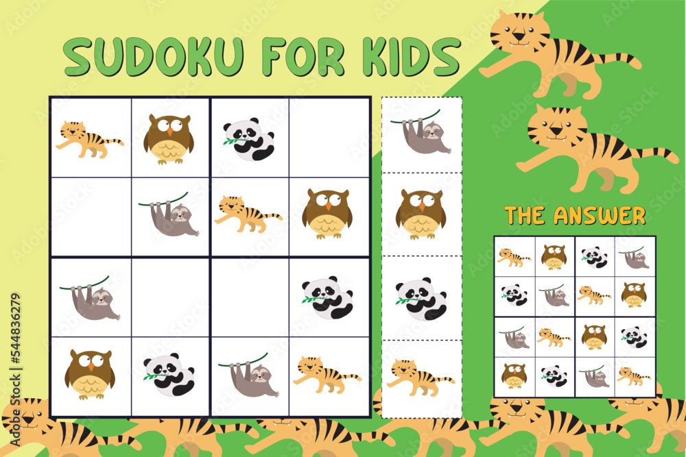 Sudoku game for children with pictures. Kids activity sheet. Training children’s logical thinking, educational game. Kids activity sheet. Vector cute animals. Printable puzzle game for preschool