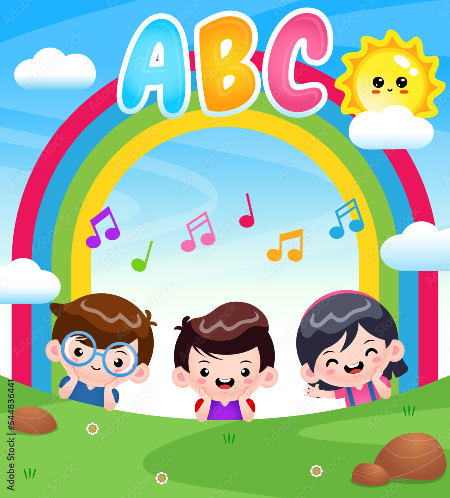 Obraz premium Group Of Happy Children Lying On Green Grass With Rainbow