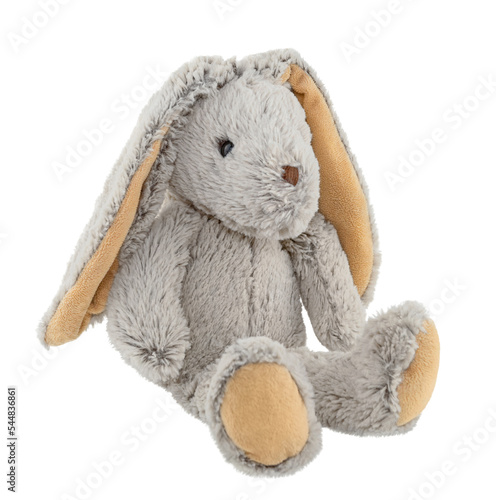 Soft fluffy rabbit toy with long ears, isolated on a white background