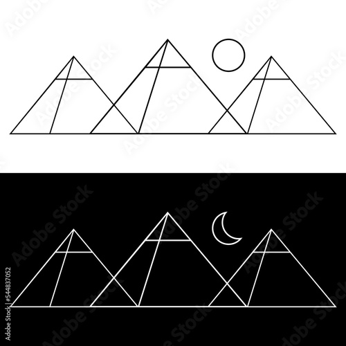 Set three egypt ancient pyramid of giza are egyptian pharaoh tomb with sun day and moon night outline vector icon design.