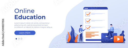 Online education concept. Vector layout for website page. Illustration in flat style with people studying remotely. Students learning online at home. Vector illustration EPS 10