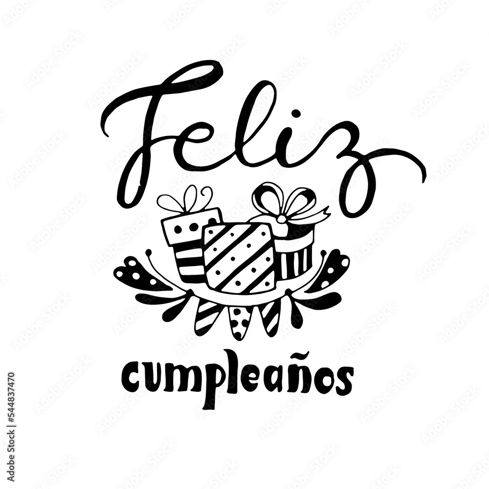 Feliz Cumpleanos Happy Birthday In Spanish Language Handdrawing