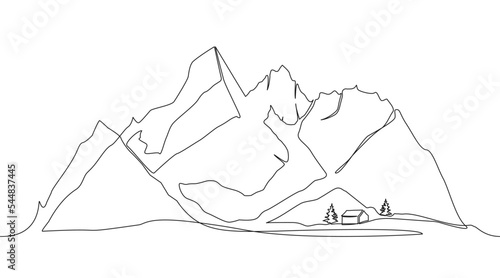 single continuous line drawing of mountain landscape with cabin and trees, line art vector illustration