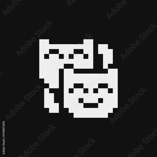 Performing arts. Carnival mask for masquerade costume pixel art icon, emoji,. Greeting card design. Isolated vector illustration. Game assets 1-bit sprite. Design for stickers, web, mobile app.