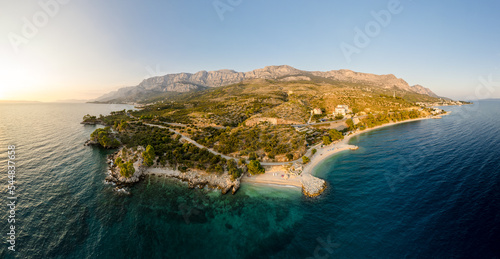 Fototapeta Naklejka Na Ścianę i Meble -  Aerial drone video of tropical paradise turquoise beach in mediterranean destination