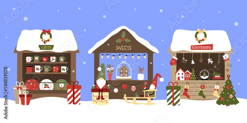 Christmas market with decorative elements outdoors in winter